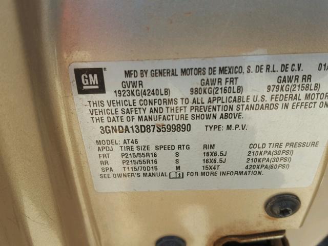 3GNDA13D87S599890 - 2007 CHEVROLET HHR LS GOLD photo 10