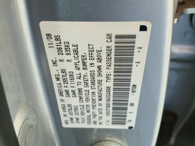 1HGCP36819A024968 - 2009 HONDA ACCORD EXL SILVER photo 10