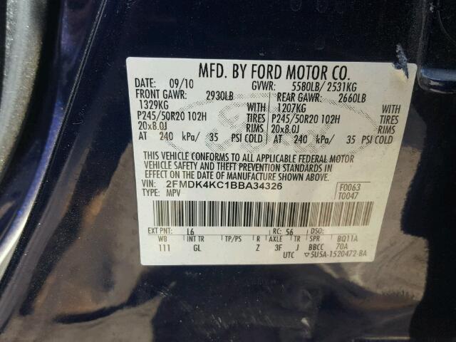 2FMDK4KC1BBA34326 - 2011 FORD EDGE Mavi fotoğraf 10