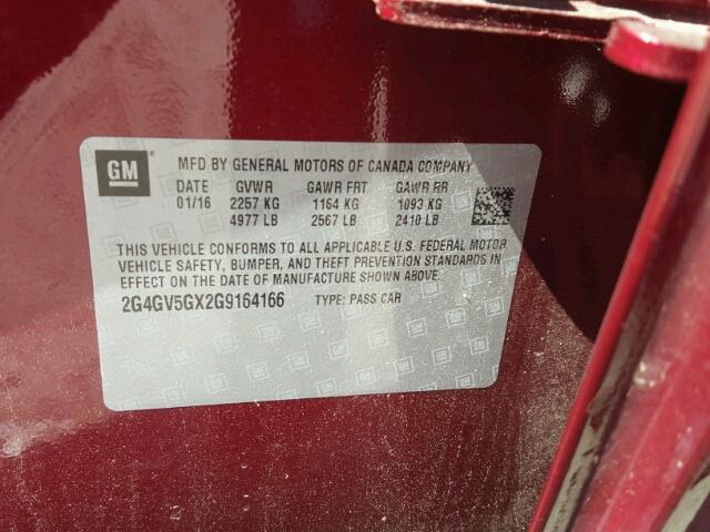 2G4GV5GX2G9164166 - 2016 BUICK REGAL GS MAROON photo 10