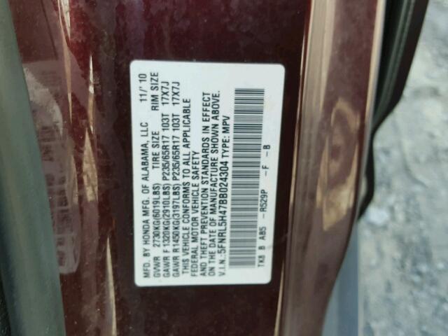 5FNRL5H47BB024304 - 2011 HONDA ODYSSEY RED photo 10