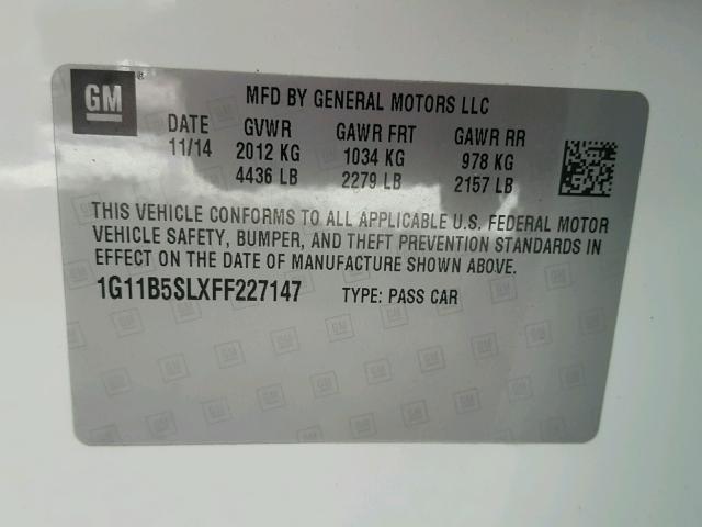 1G11B5SLXFF227147 - 2015 CHEVROLET MALIBU LS WHITE photo 10