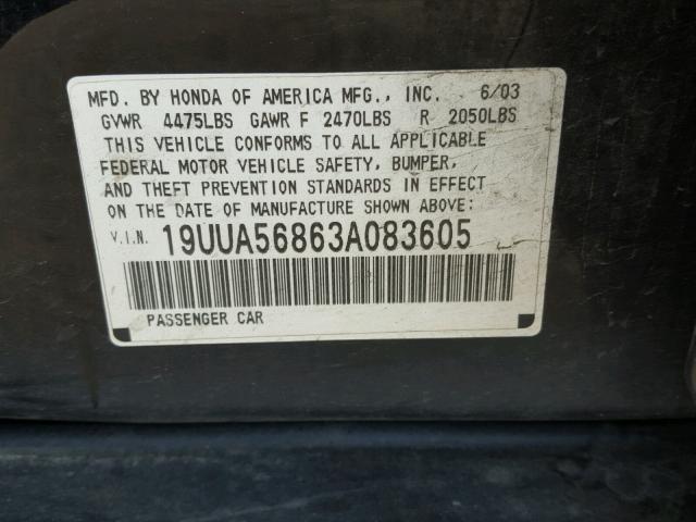 19UUA56863A083605 - 2003 ACURA 3.2TL TYPE BLACK photo 10