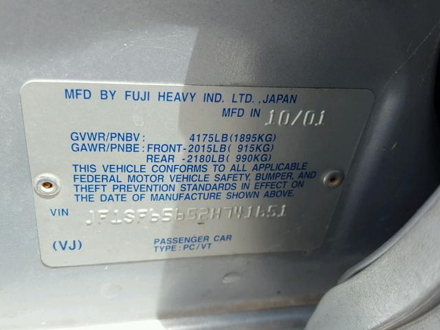 JF1SF65652H741651 - 2002 SUBARU FORESTER S ვერცხლისფერი ფოტო 10