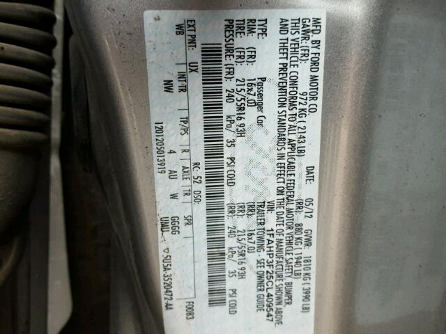 1FAHP3F25CL409547 - 2012 FORD FOCUS SILVER photo 10