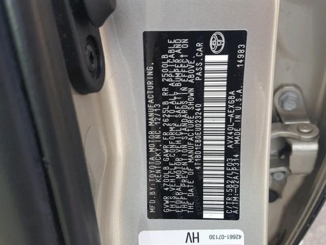 4T1BD1EB0EU023240 - 2014 TOYOTA AVALON HYB SILVER photo 10