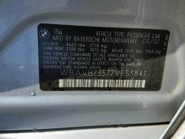 WBAVB73577VF53841 - 2007 BMW 335I SILVER photo 10