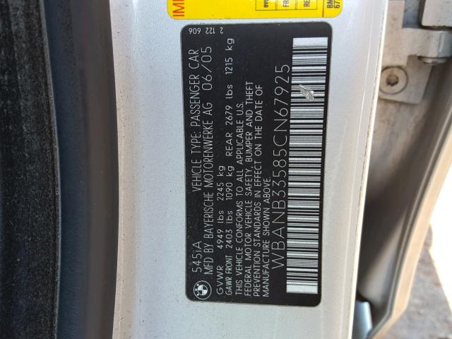 WBANB33585CN67925 - 2005 BMW 545 I GRAY photo 10