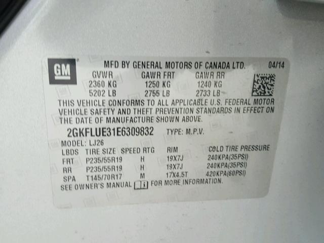 2GKFLUE31E6309832 - 2014 GMC TERRAIN DE SILVER photo 10