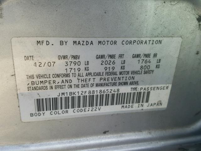 JM1BK12F881865248 - 2008 MAZDA 3 I SILVER photo 10