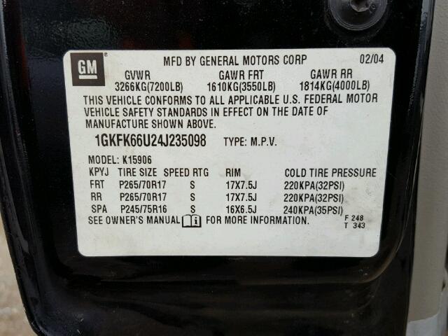 1GKFK66U24J235098 - 2004 GMC YUKON XL D BLACK photo 10