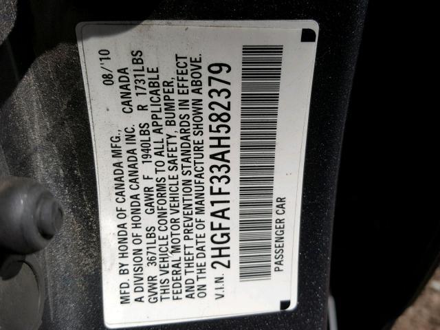 2HGFA1F33AH582379 - 2010 HONDA CIVIC VP SILVER photo 10