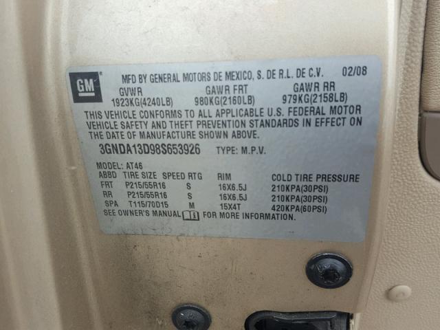 3GNDA13D98S653926 - 2008 CHEVROLET HHR LS ოქროსფერი ფოტო 10