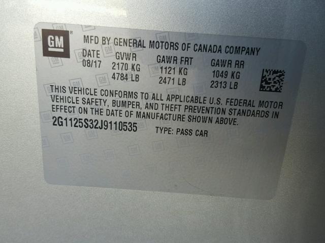 2G1125S32J9110535 - 2018 CHEVROLET IMPALA PRE 银色 照片 10