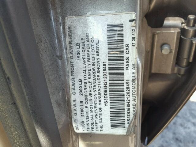 YS3DD58H212028491 - 2001 SAAB 9-3 GRAY photo 10