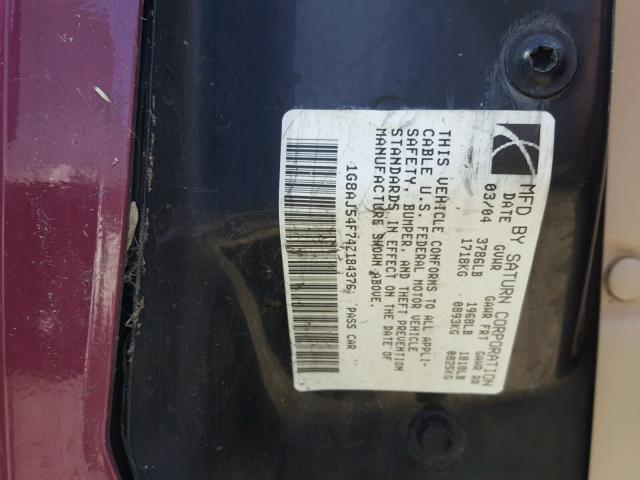 1G8AJ54F74Z184376 - 2004 SATURN ION LEVEL BURGUNDY photo 10
