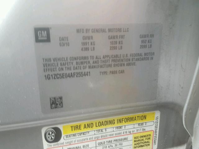 1G1ZC5E04AF255441 - 2010 CHEVROLET MALIBU 1LT ნაცრისფერი ფოტო 10