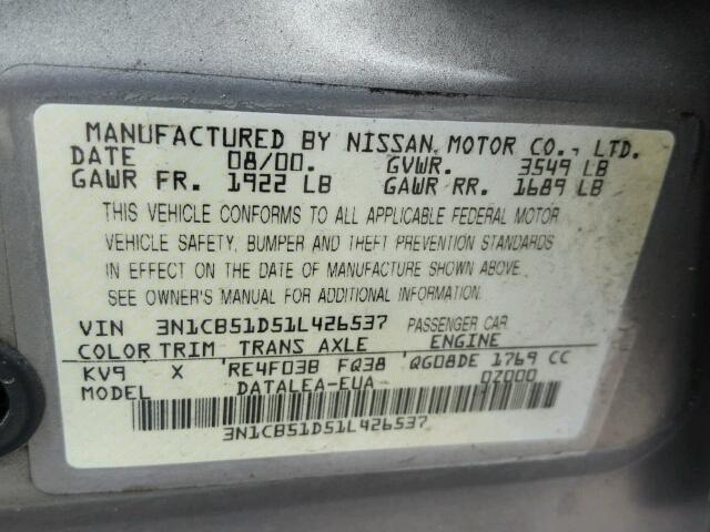 3N1CB51D51L426537 - 2001 NISSAN SENTRA XE/ SILVER photo 10