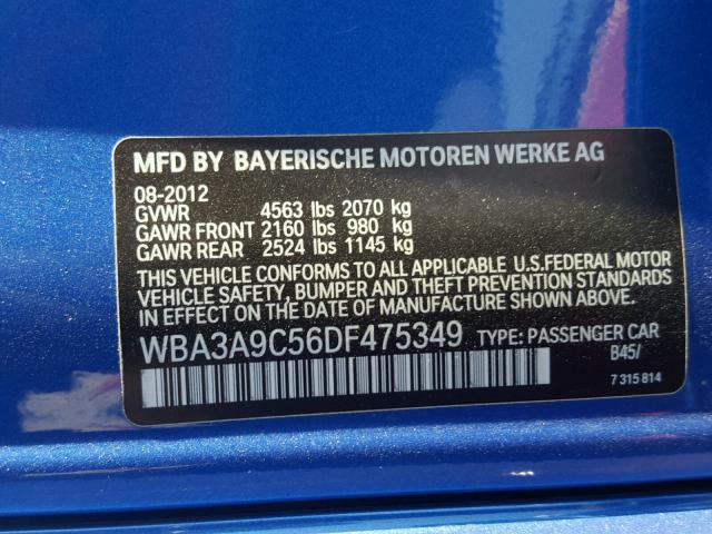 WBA3A9C56DF475349 - 2013 BMW 335 I BLUE photo 10
