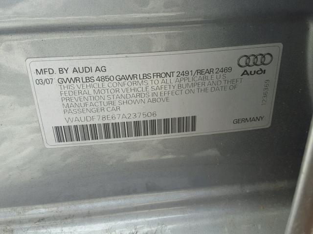 WAUDF78E67A237506 - 2007 AUDI A4 2.0T QU GRAY photo 10