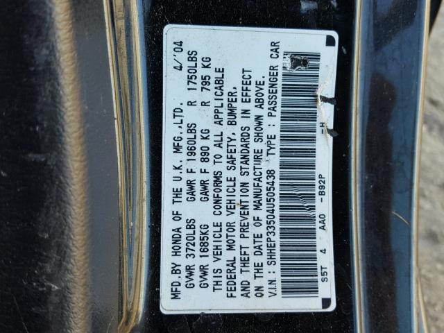 SHHEP33504U505438 - 2004 HONDA CIVIC SI BLACK photo 10