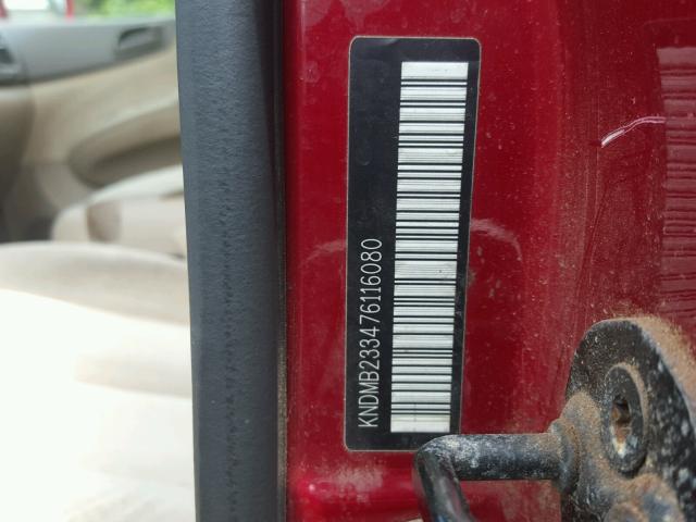 KNDMB233476116080 - 2007 KIA SEDONA EX BURGUNDY photo 10