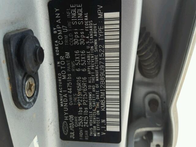 KM8JM12B89U971522 - 2009 HYUNDAI TUCSON GLS SILVER photo 10