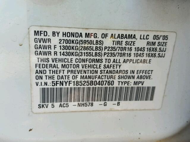 5FNYF18525B040760 - 2005 HONDA PILOT WHITE photo 10