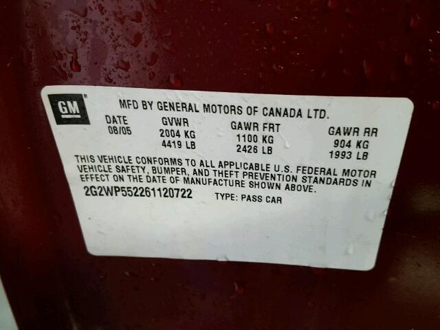 2G2WP552261120722 - 2006 PONTIAC GRAND PRIX MAROON photo 10