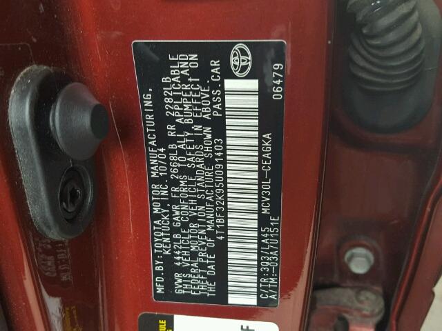4T1BF32K95U091403 - 2005 TOYOTA CAMRY LE 勃艮第红 照片 10