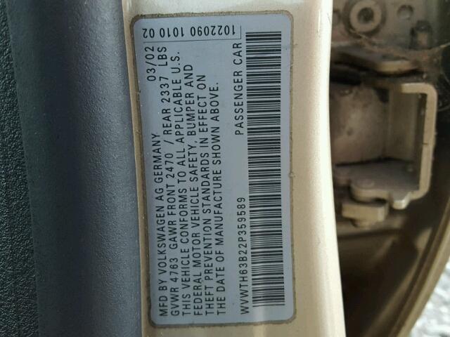 WVWTH63B22P359589 - 2002 VOLKSWAGEN PASSAT GLX 金色 照片 10