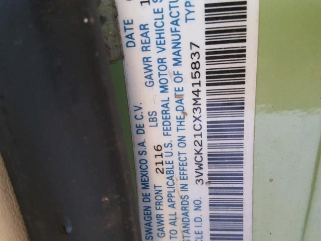 3VWCK21CX3M415837 - 2003 VOLKSWAGEN NEW BEETLE 绿色 照片 10