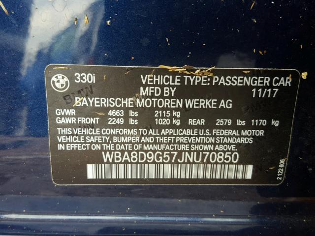 WBA8D9G57JNU70850 - 2018 BMW 330 XI Mavi fotoğraf 10