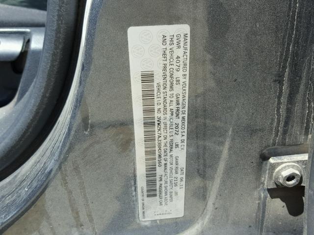 3VW2K7AJ3BM398160 - 2011 VOLKSWAGEN JETTA BASE 灰色 照片 10