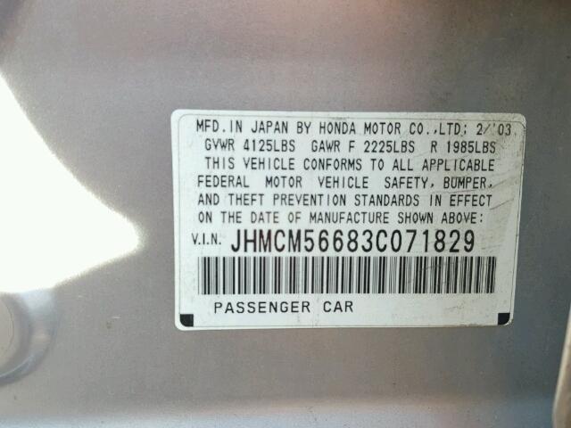 JHMCM56683C071829 - 2003 HONDA ACCORD EX SILVER photo 10