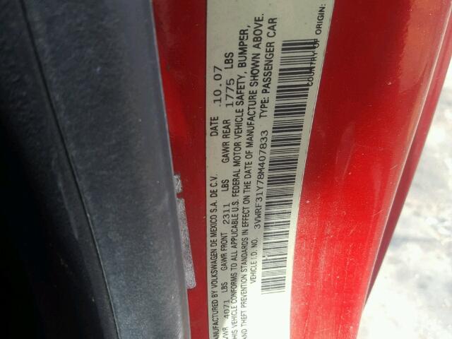 3VWRF31Y78M407833 - 2008 VOLKSWAGEN NEW BEETLE 红色 照片 10