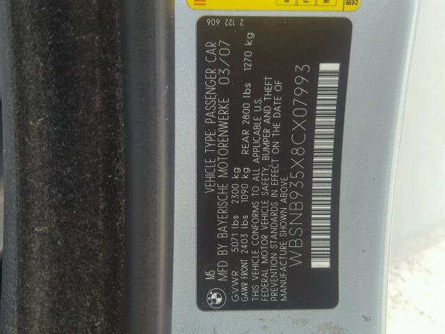 WBSNB935X8CX07993 - 2008 BMW M5 SILVER photo 10
