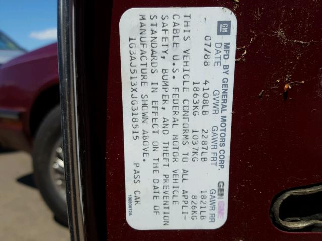 1G3AJ513XJG318515 - 1988 OLDSMOBILE CUTLASS CI BURGUNDY photo 10