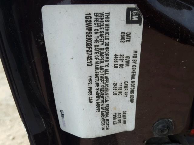 1G2WP52K02F274210 - 2002 PONTIAC GRAND PRIX BURGUNDY photo 10
