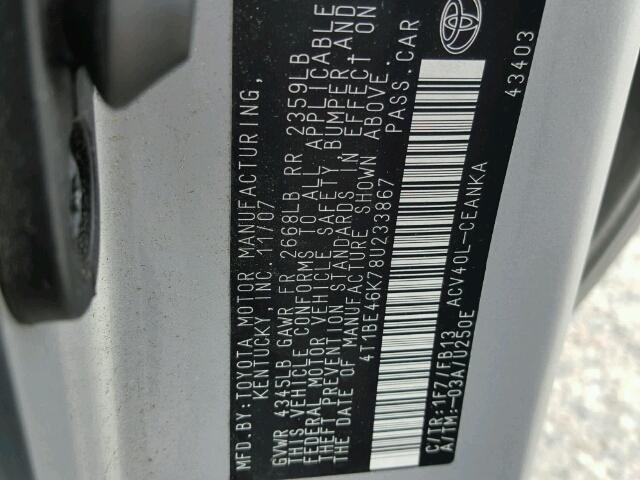 4T1BE46K78U233867 - 2008 TOYOTA CAMRY CE SILVER photo 10