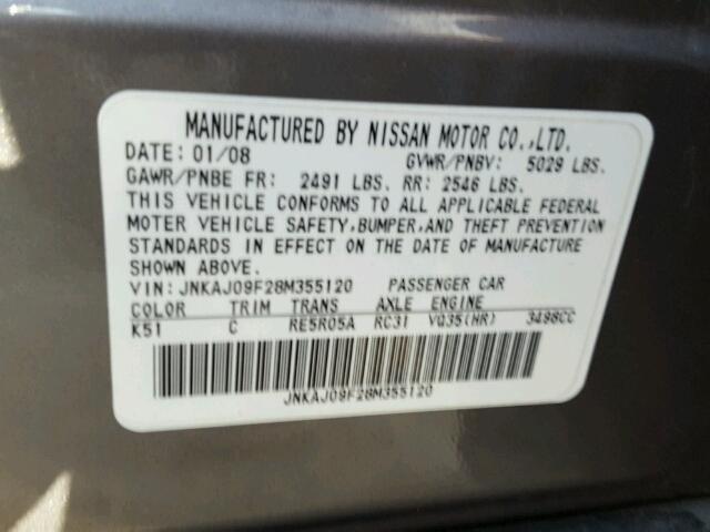 JNKAJ09F28M355120 - 2008 INFINITI EX35 BASE GRAY photo 10