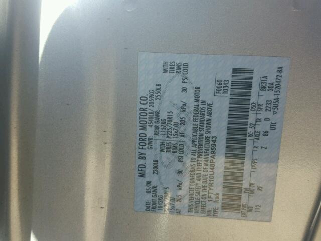 1FTYR10U48PA95943 - 2008 FORD RANGER SILVER photo 10