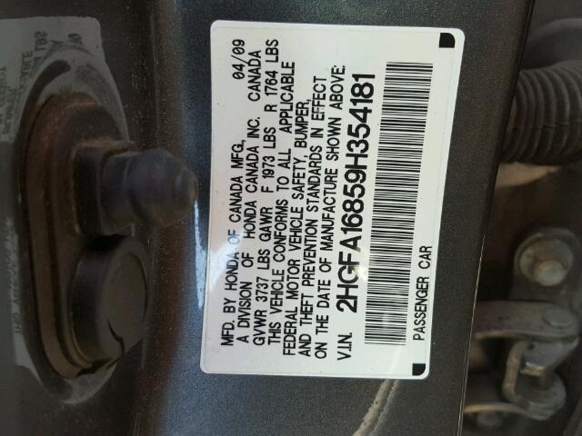 2HGFA16859H354181 - 2009 HONDA CIVIC CHARCOAL photo 10