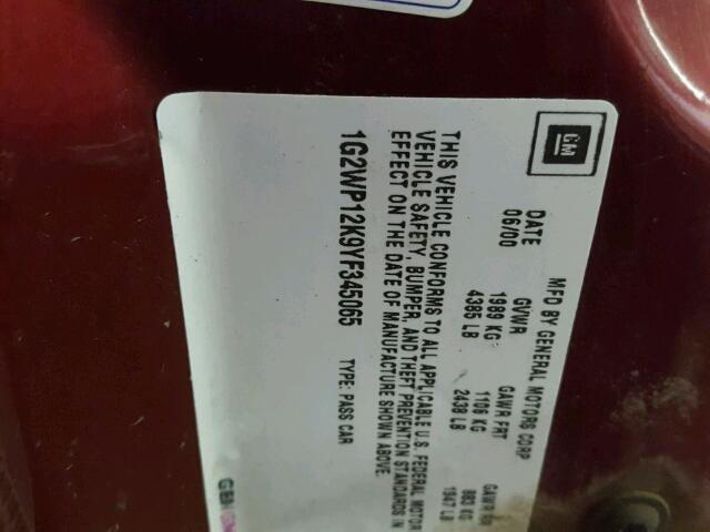 1G2WP12K9YF345065 - 2000 PONTIAC GRAND PRIX MAROON photo 10