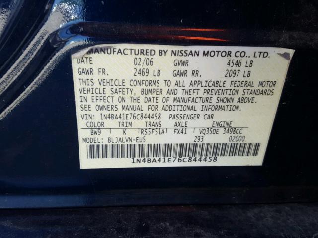 1N4BA41E76C844458 - 2006 NISSAN MAXIMA SE BLUE photo 10