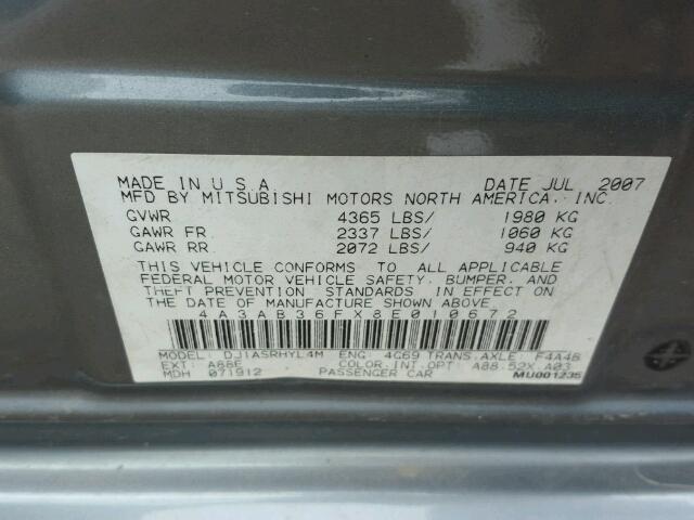 4A3AB36FX8E010672 - 2008 MITSUBISHI GALANT ES GRAY photo 10