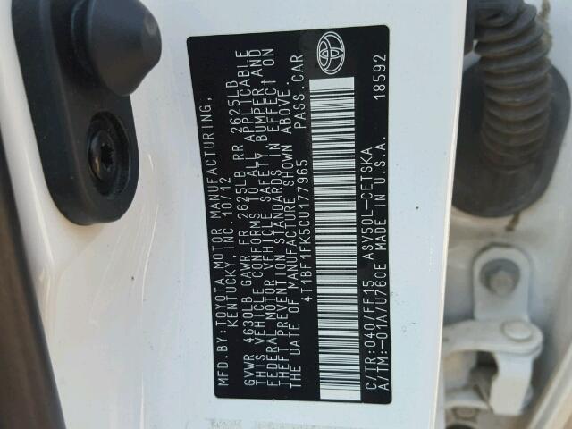 4T1BF1FK5CU177965 - 2012 TOYOTA CAMRY BASE WHITE photo 10