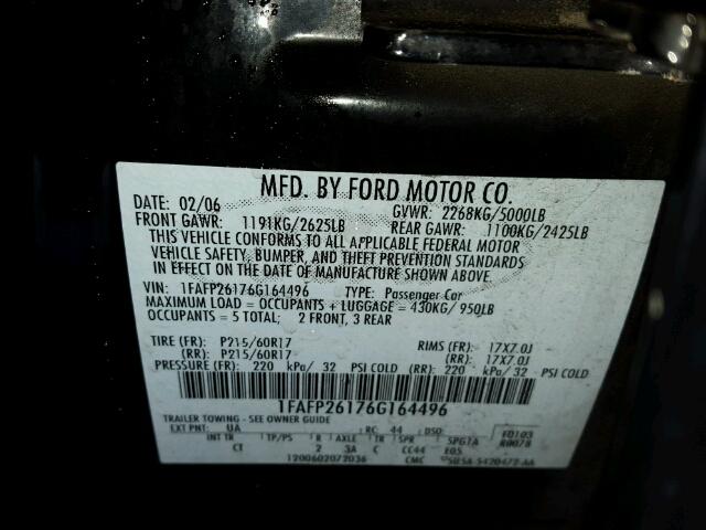 1FAFP26176G164496 - 2006 FORD FIVE HUNDR BLACK photo 10