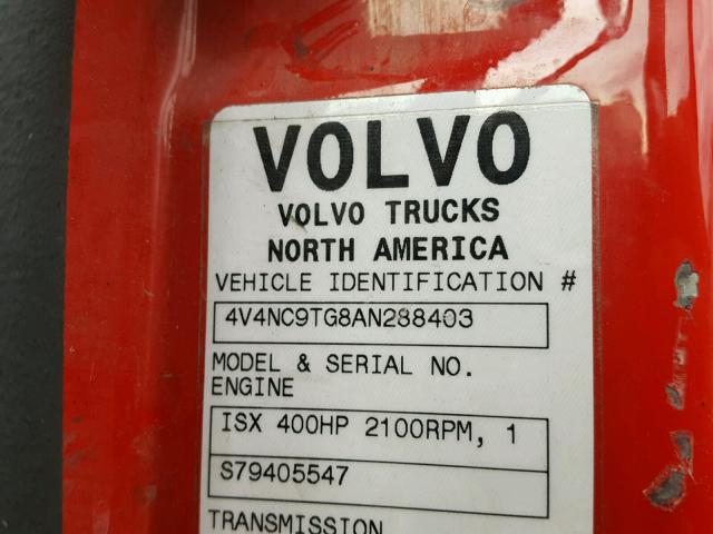 4V4NC9TG8AN288403 - 2010 VOLVO VN VNL RED photo 10