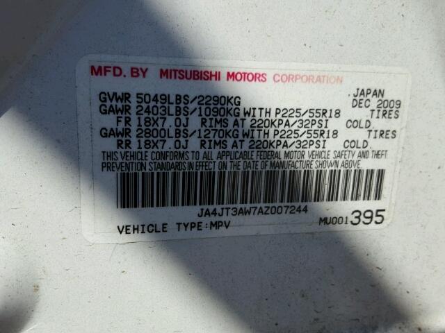 JA4JT3AW7AZ007244 - 2010 MITSUBISHI OUTLANDER WHITE photo 10